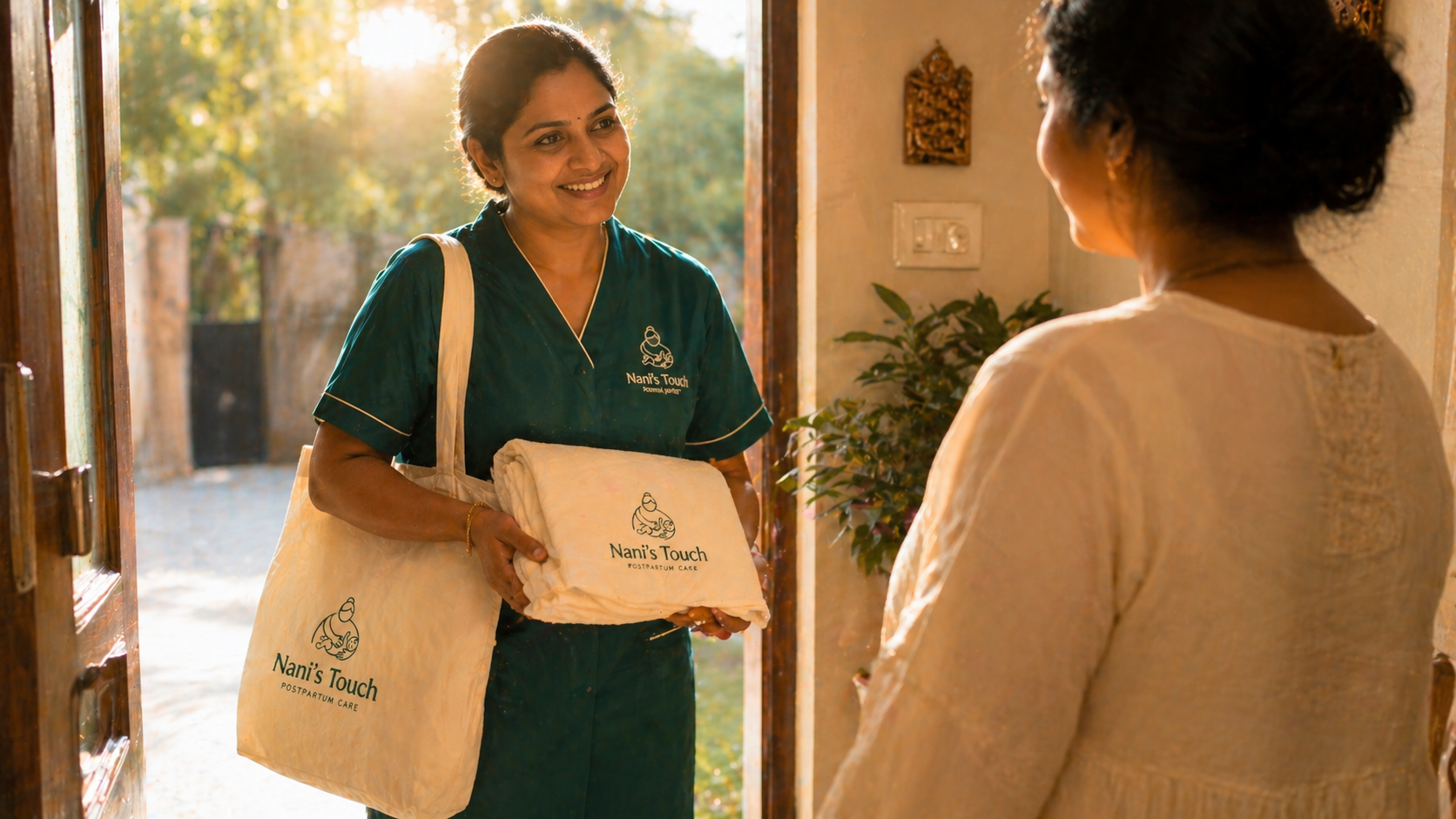 Professional caregiver arriving at home