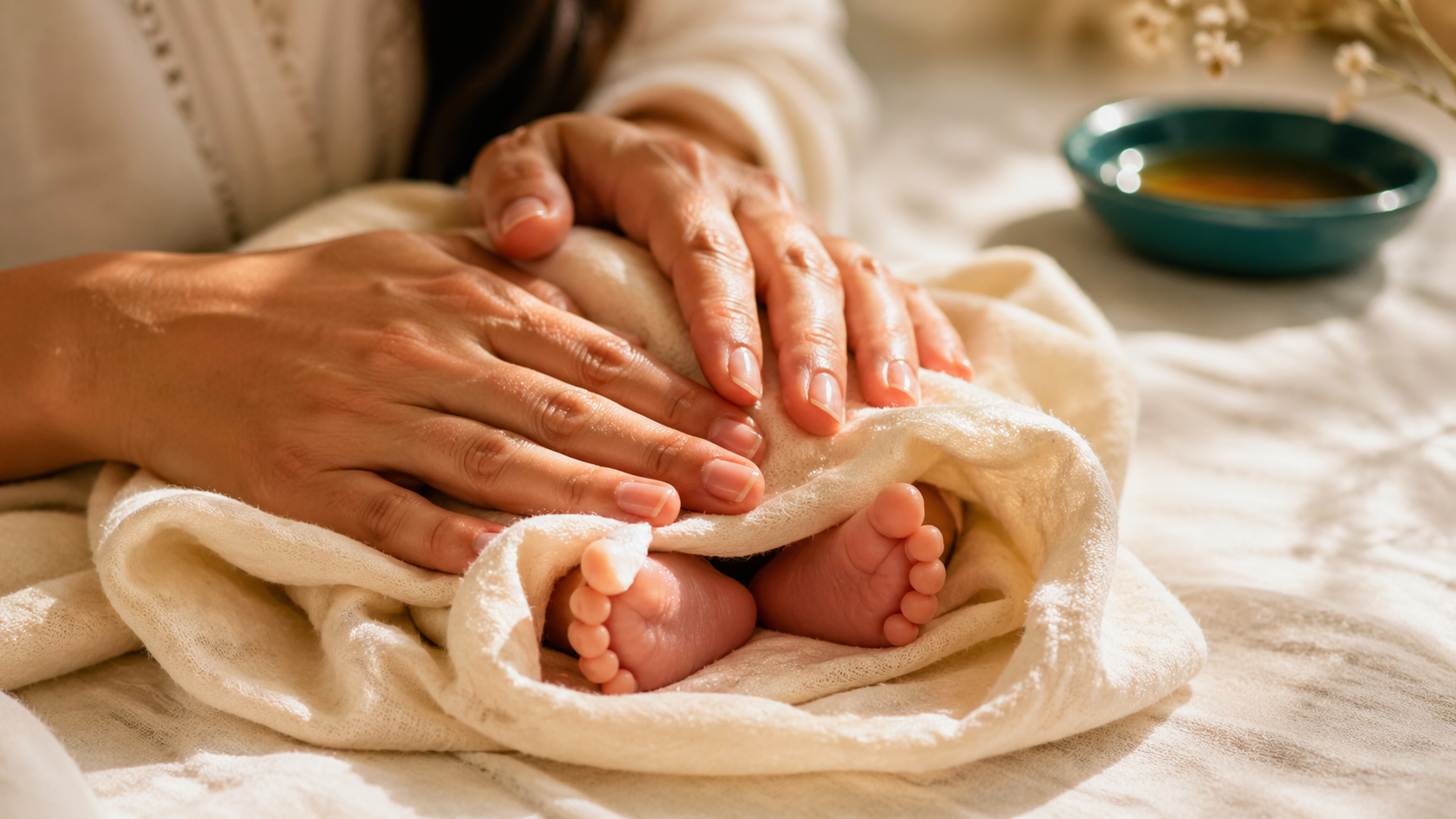 Gentle baby massage with warm oils
